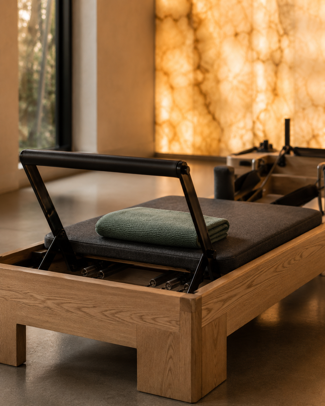 Close-up of a STRIA reformer carriage with a folded green towel in front of the illuminated onyx wall